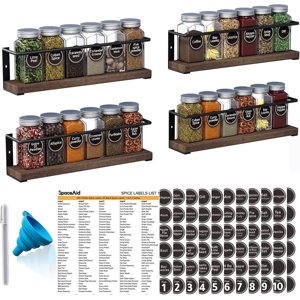 SpaceAid Wood Spice Rack with 24 Glass Jars, 4-Pack