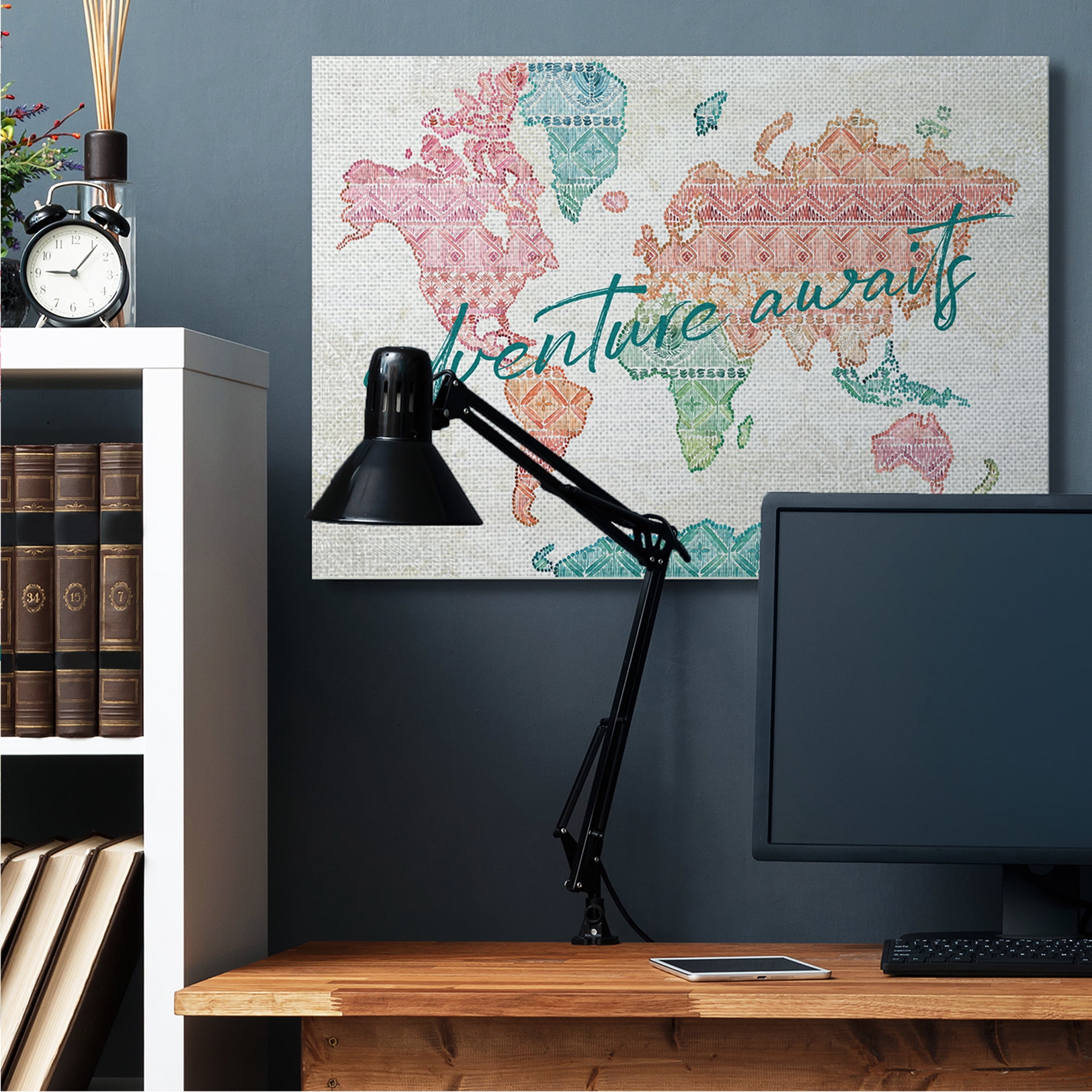 Stupell Industries Adventure Awaits Phrase Macrame Pattern World Map Canvas Wall Art, 36 x 48, Design by Dina June