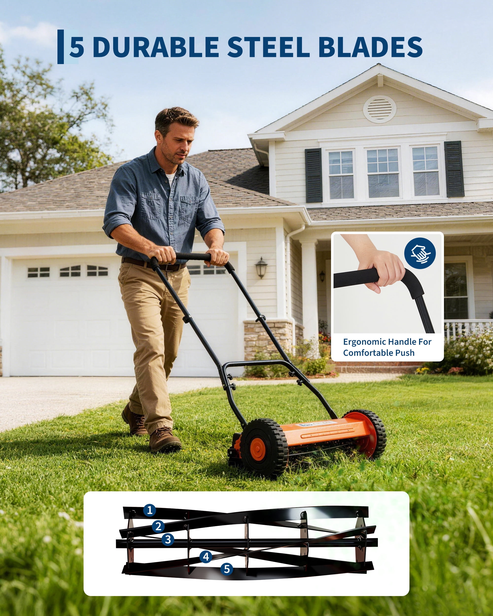 14" Push Reel Lawn Mower, 5-Blade Manual Walk-Behind Lawn Mower with Adjustable Cutting Height, Compact Push Mower for Small Yards, Orange