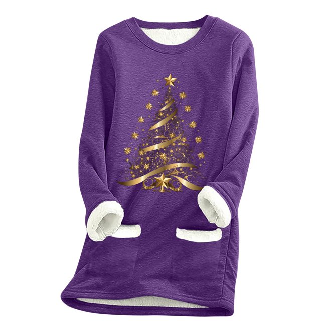 WEAIXIMIUNG Sweatshirts Femme Arbre de Noël Manches Longues Col Rond Poche Rembourré Pull Chaud