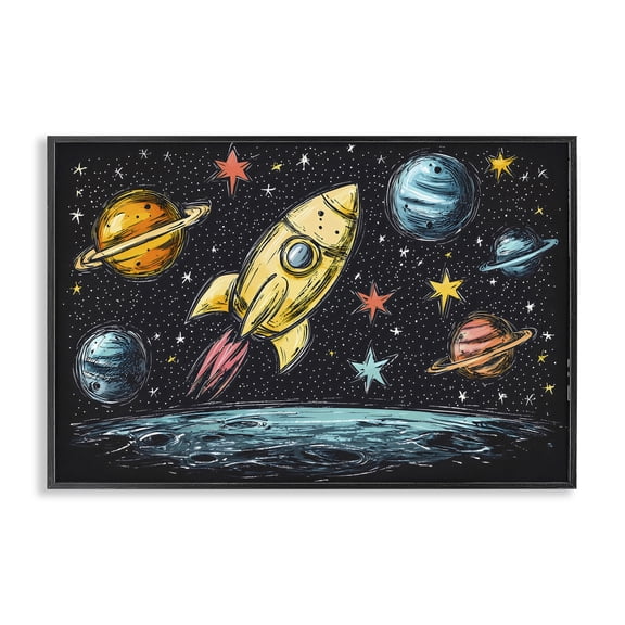 Stupell Industries Whimsical Rocket & Planets Black Framed Giclee Art, design by Creative Studio