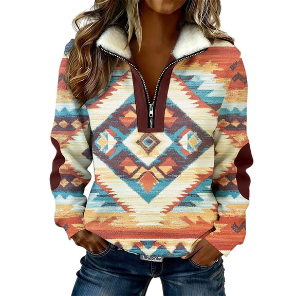 Women's Long Sleeve Sweatshirt Lapel Color Block Half Zip Pullover Sweater Casual Vintage Print Warm Blouses