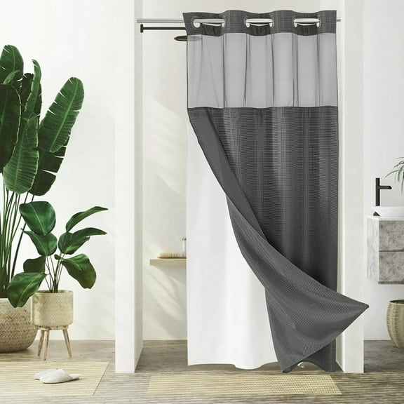 No Hook Waffle-Weave Shower Curtain with Snap-in Fabric Liner Set for Bathroom, Hotel Style with Mesh Top Window,B