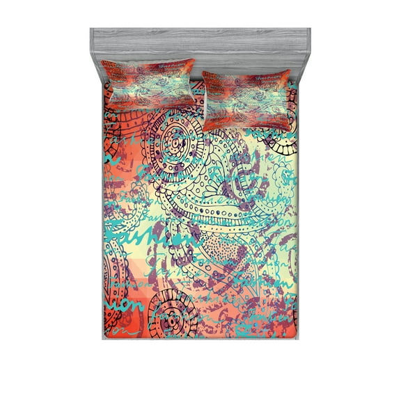 Ambesonne Ethnic Fitted Sheet & Pillow Sham Set, Grunge Paisley, Full, Turquoise Orange Black