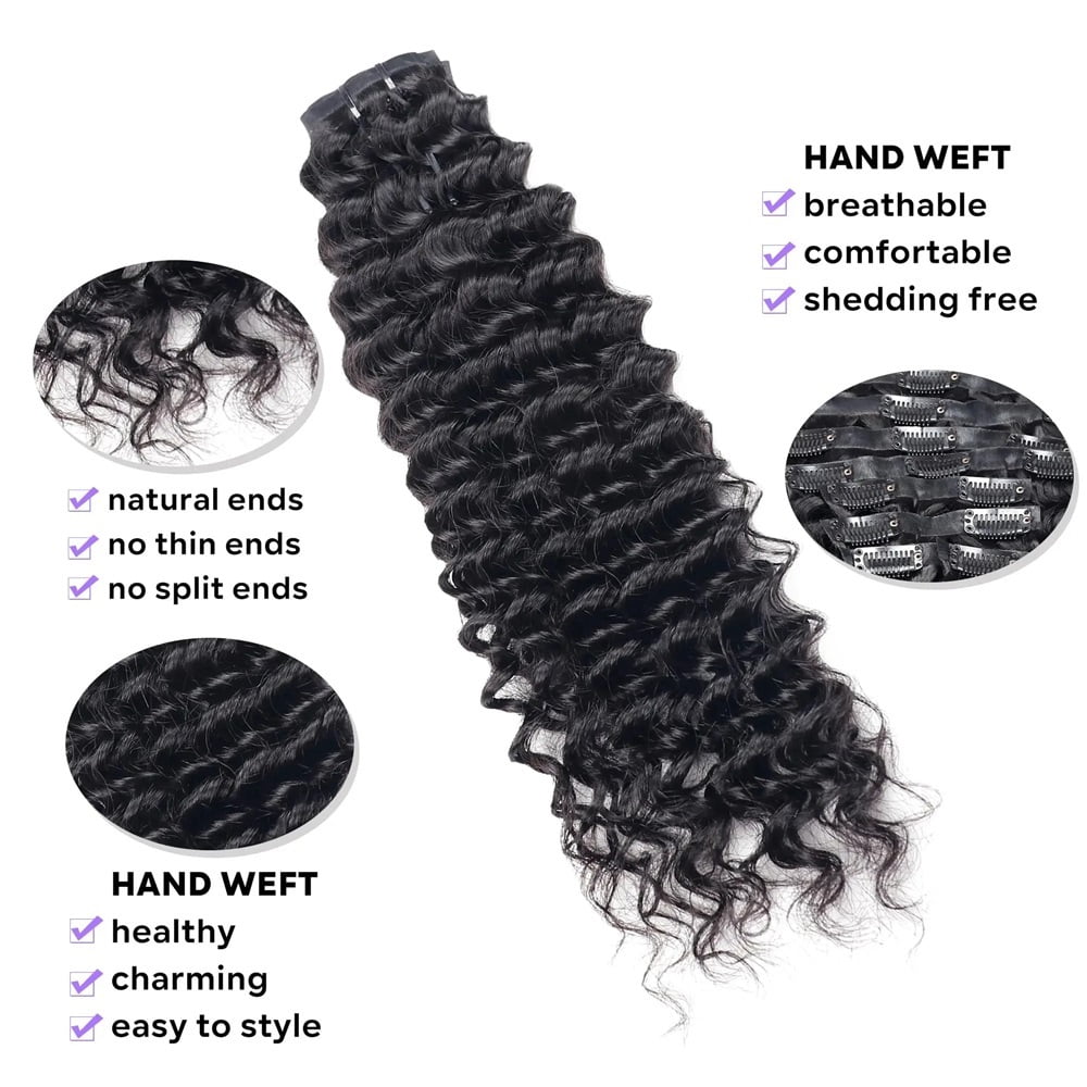Clip in Hair Extensions with 18 Clips Deep Wave Real Human Hair Curly Thick to Ends Natural Black