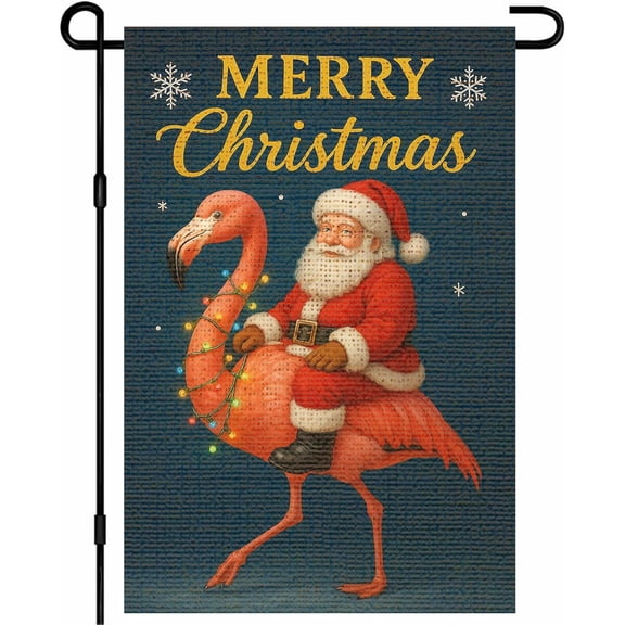 Christmas Santa on Flamingo Garden Flag Double Sided Burlap 12 x 18 Inch Navy Blue Holiday Winter Outdoor Yard Decor