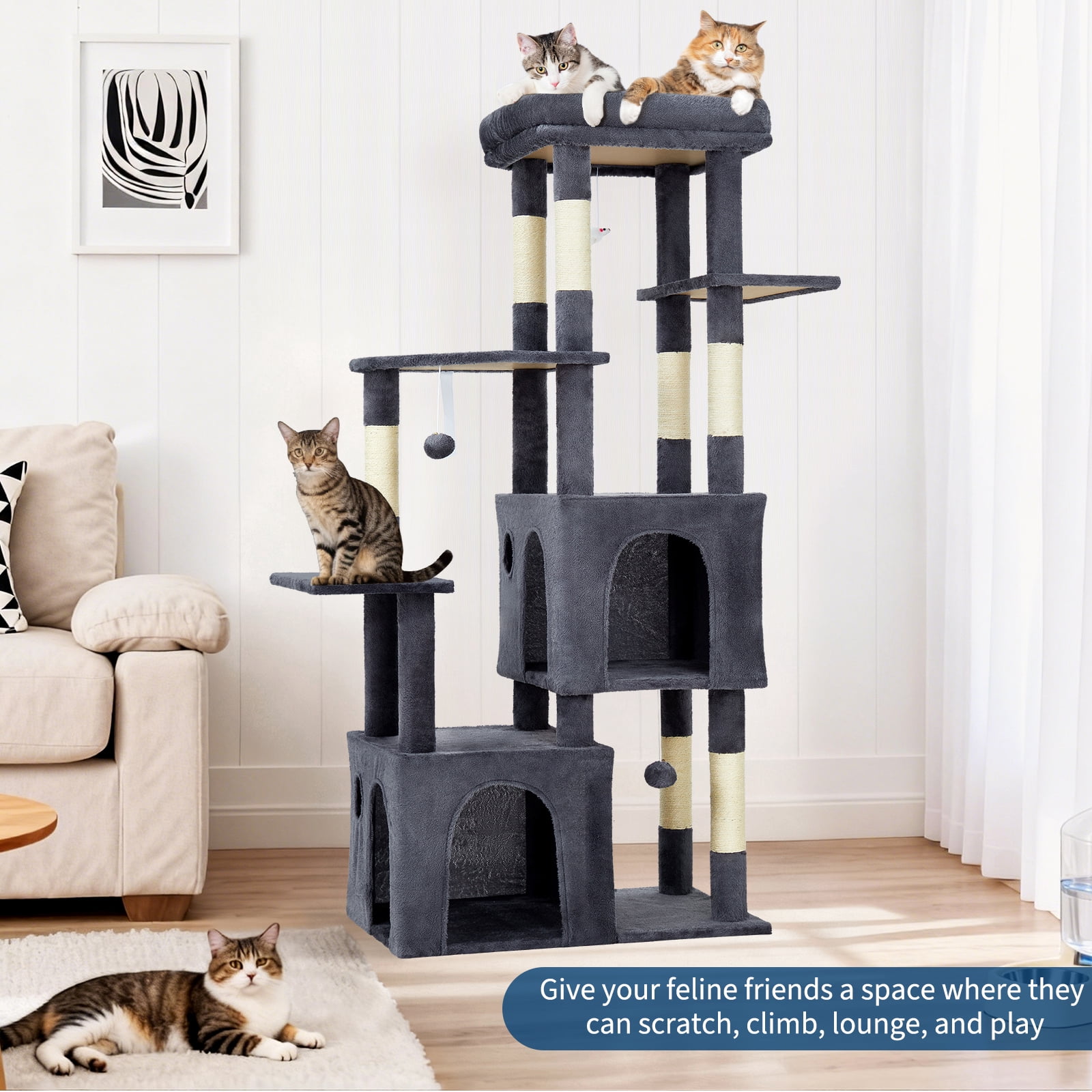 Babevy 61" Maine Coon Cat Tree, Heavy-Duty Tower with Extra-Large Perch, 2 Condos & 7 Sisal Scratching Posts for Large Indoor Cats