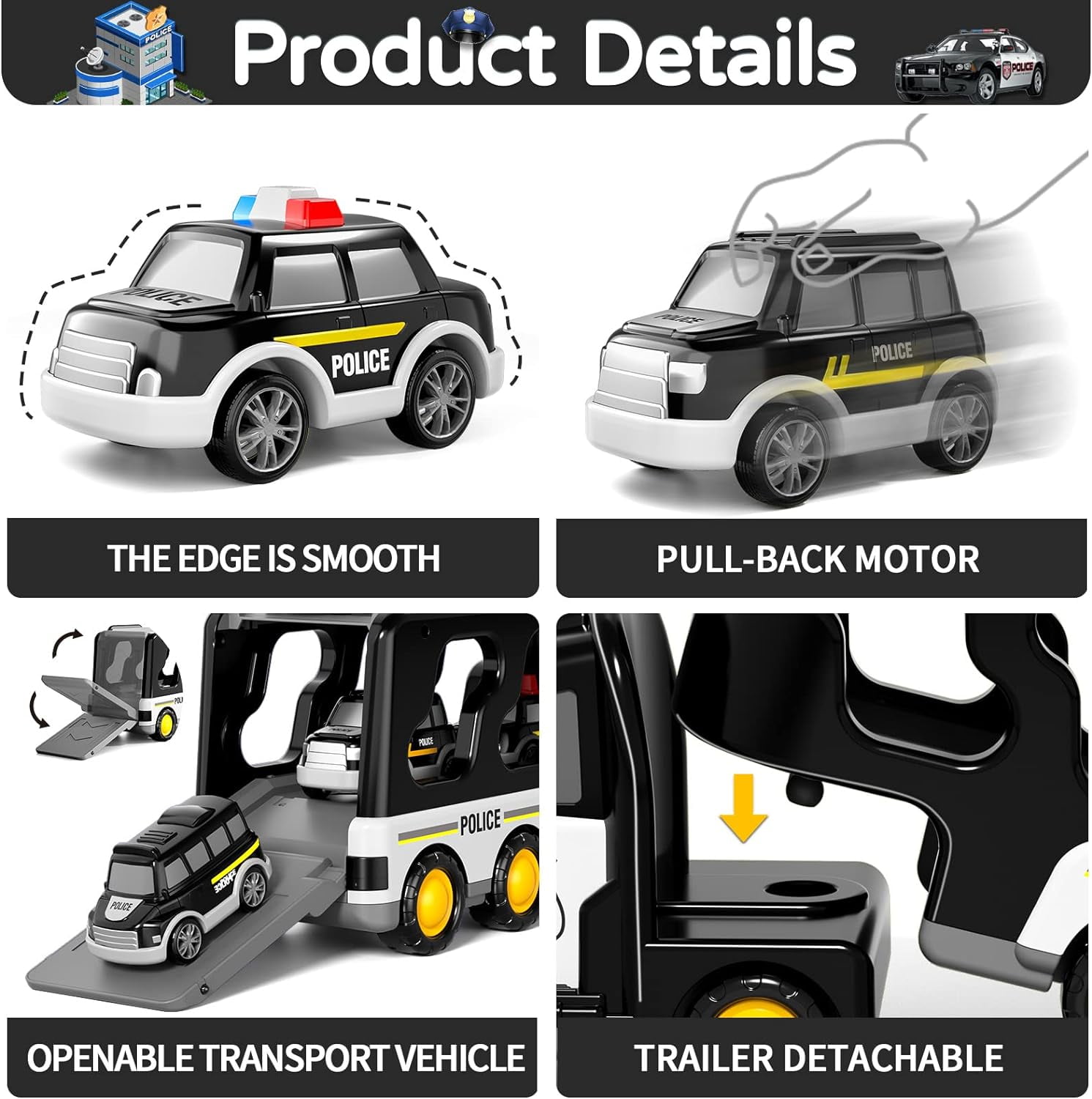 PayUSD Construction Toddler Police Truck Car Toys for 3 4 5 6 Year Old Boys 5 in 1 Construction Car Trucks Playset with Play Mat & Accesoories, Birthday Gifts for Toddlers Kids Boys Girls Age 3-5