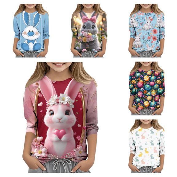 ITSAME Girls T-Shirts(3-13T), Round Neck Easter Egg Print 3/4 Sleeve Festival Fashion Casual Tees Multicolor