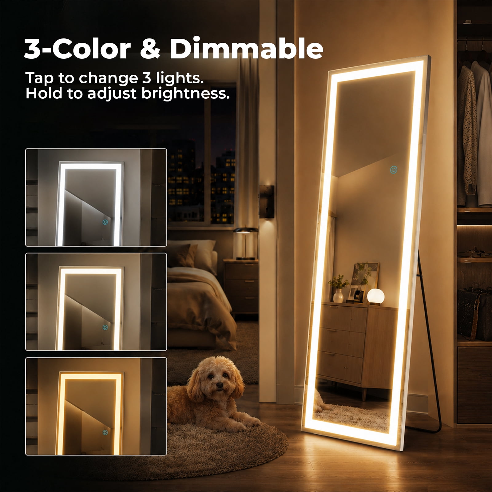 Alvantor Full Length Mirror with LED Lights,Lighted Full Body Floor Mirror with Dimming & 3 Color Lighting, Stand for Bedroom, Dressing Room, Rect/Arched