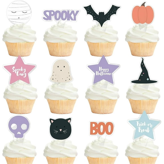 Halloween Pastel Pumpkin, Ghost, Bat, Cat Cupcake Decorations, by Cheerland (24 Count)