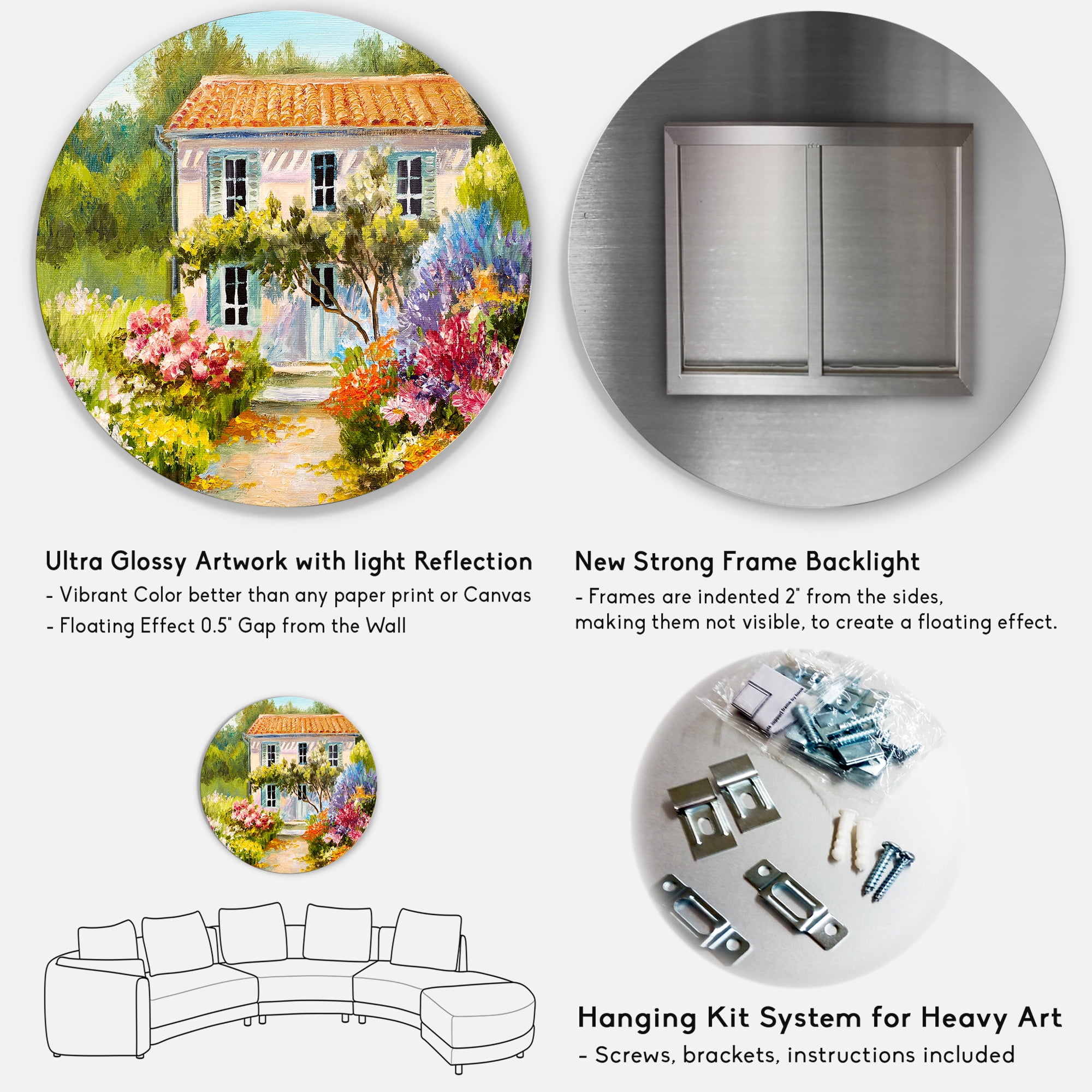 Designart 'The Mountain With Flowers With Little House II' Traditional Circle Metal Wall Art 29x29 - Disc of 29
