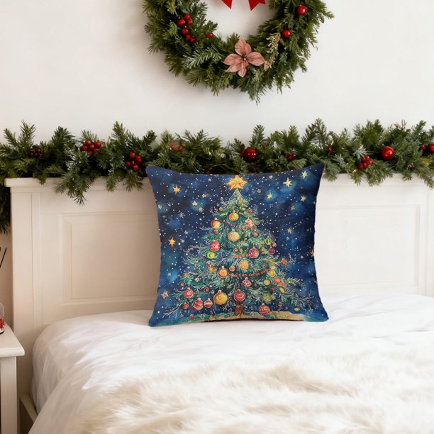 CaiYueKe Christmas Pillow Cover Holiday Decor Cute Cat Tree Design Linen Throw Pillowcase Seasonal Sofa Bed Couch Decorative Home Accent Festive Gift