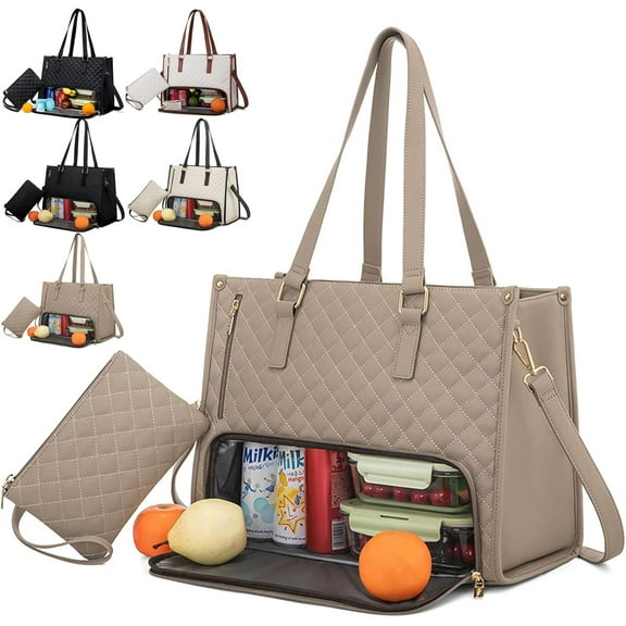 2 In 1 Tote Bag Lunch Bag Combo, 2-In-1 Tote Bag Insulated Lunch & Travel Tote, 2 In 1 Lunch Bag and Work Tote, 15.6 Inch Tote Bag with Lunch Compartment (Khaki)