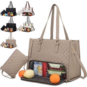 2 In 1 Tote Bag Lunch Bag Combo 2-In-1 Tote Bag Insulated Lunch & Travel Tote 2 In 1 Lunch Bag and Work Tote 15.6 Inch Tote Bag with Lunch Compartment (Khaki)