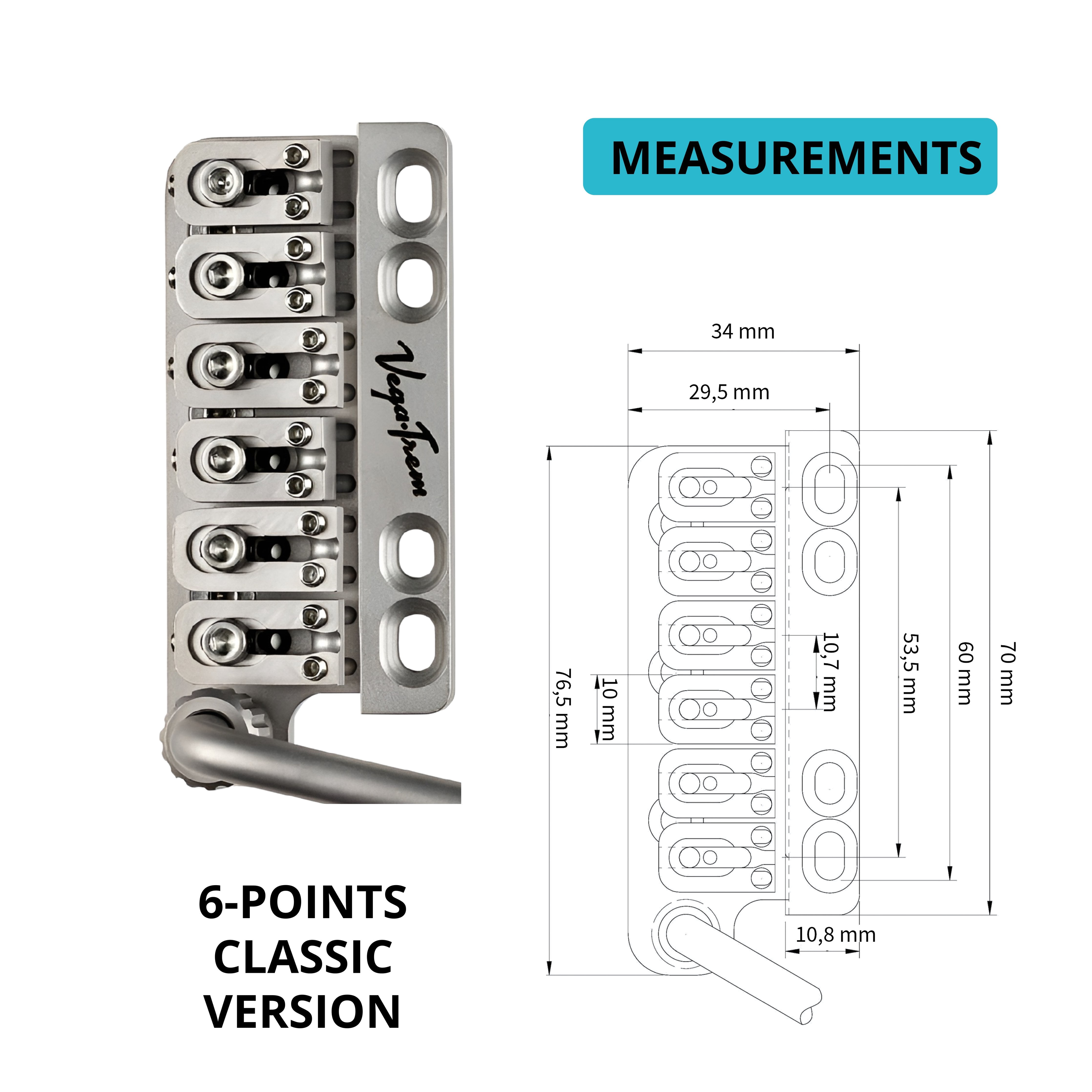 Vega-Trem VT1 Ultra-Trem Standard 6-Screw Stratocaster Guitar Tremolo Bridge For Strat No Mods Easy Installation Satin, Right