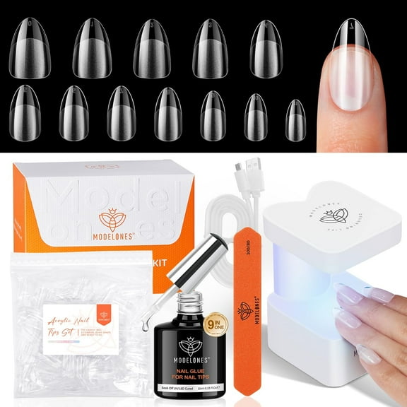 Modelones Gel Nail Kit Short Almond Gel Nail Tips, 9-in-One Nail Glue with Portable U V Nail Lamp, 216Pcs 12Sizes Press On Acrylic False Nails Tip Nail Extension DIY Nails Art Gift for Women