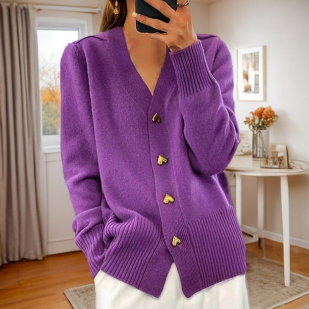 Suéter de punto para mujer, de color liso, de manga larga, con cuello en V y botones en forma de corazón, blusa