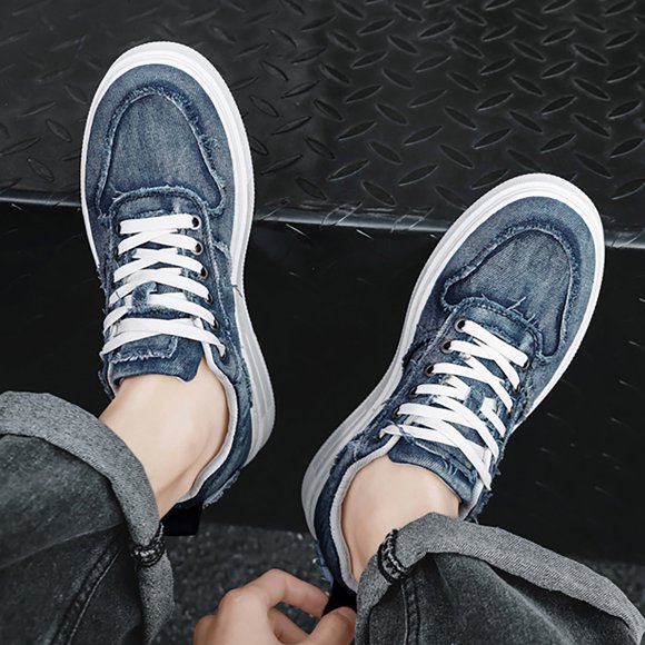 XIMIN Men's Women's Play Street Distressed Sneaker Solid Color with Fabric Upper Low Top Lace-Up Washed and Canvas Slip on Fashion Shoes (43, Blue)