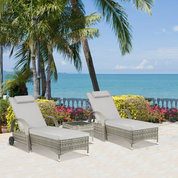3 Pieces Outdoor Chaise Lounge Chairs Set Recliner Patio Rattan Wicker