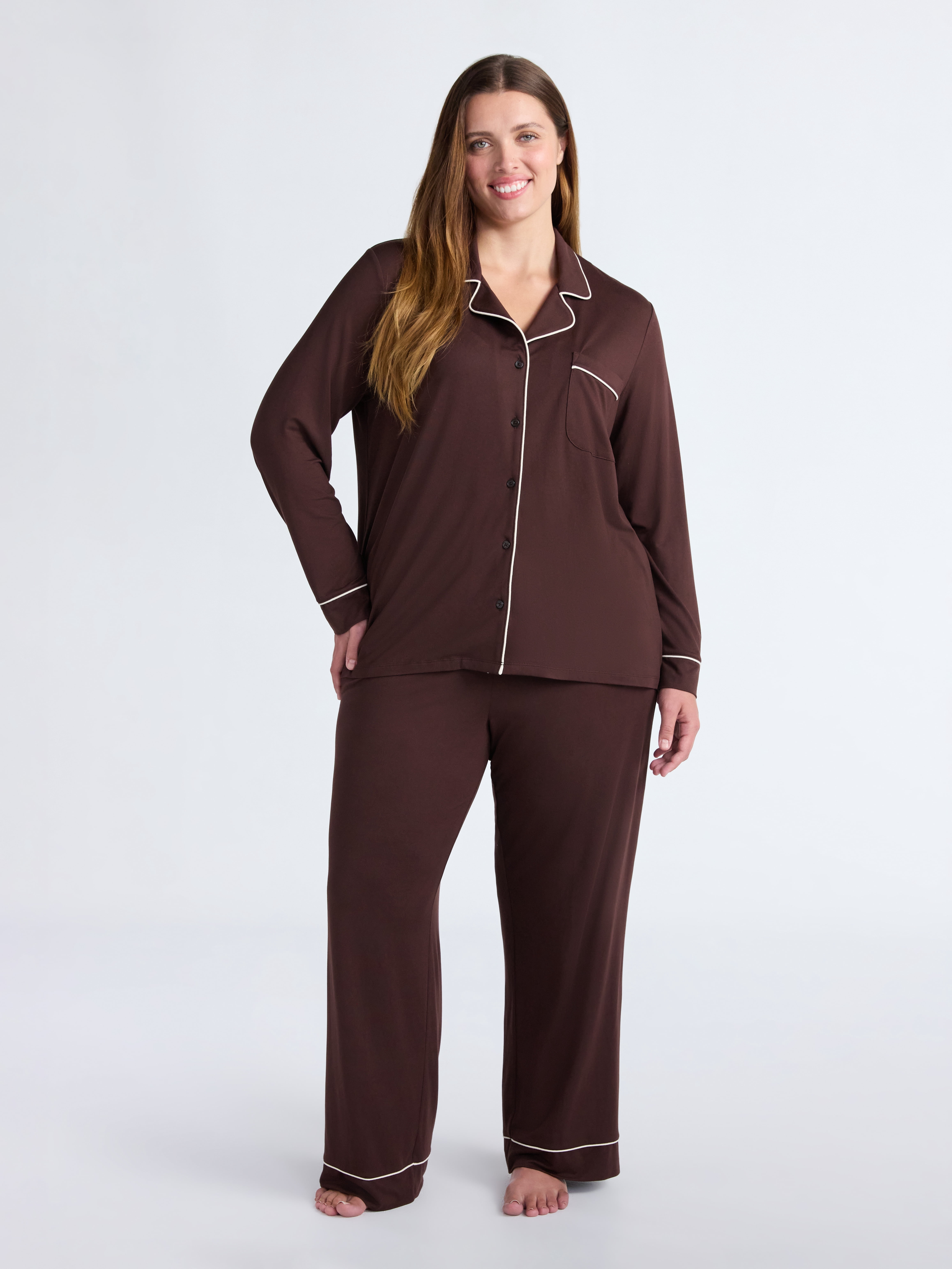 Joyspun Women’s Dreamy Soft Collection Long Sleeve Top and Pants Pajama Set, Sizes XS-4X