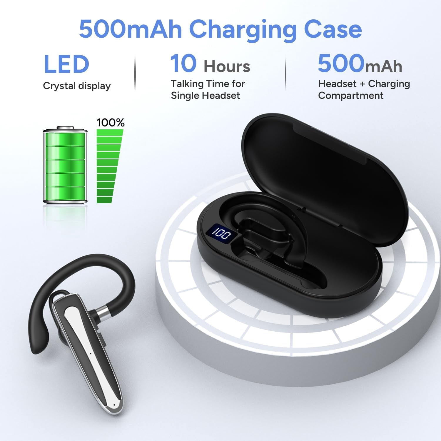 Wireless Bluetooth Headset,Bluetooth Earpiece with 500mAh Charging Case 120 Hours Talking Time Built-in Microphone for iOS Android Cell Phone, V5.3 Hand-Free Headphones for Trucker, Office