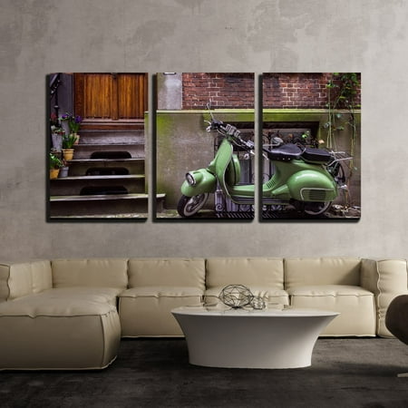 3 Piece Scooter - wall26 - 3 Piece Canvas Wall Art - Green Vintage Scooter Parked in Street - Modern Home Decor Stretched and Framed Ready to Hang - 24