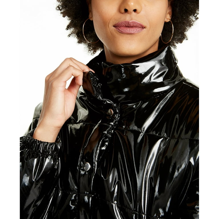 Kit Sky Womens Black Faux Leather Button Up Puffer Jacket Size L
