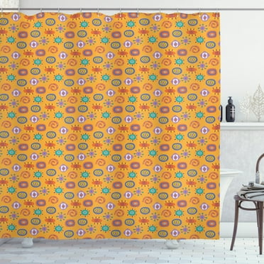Folk Art Shower Curtain, Colorful Abstract Repeating Pattern with Various Elemental Motifs, Fabric Bathroom Set with Hooks, 69W X 84L Inches Extra Long, Marigold and Multicolor, by Ambesonne
