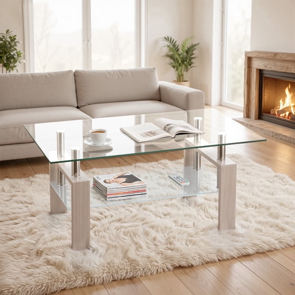 Glass Coffee Table for Living Room, SEGMART Modern Coffee Table with Lower Shelf, Rectangle Center Table with Metal Legs, Glass Table, Sofa Table, Tea Table, Living Room Table