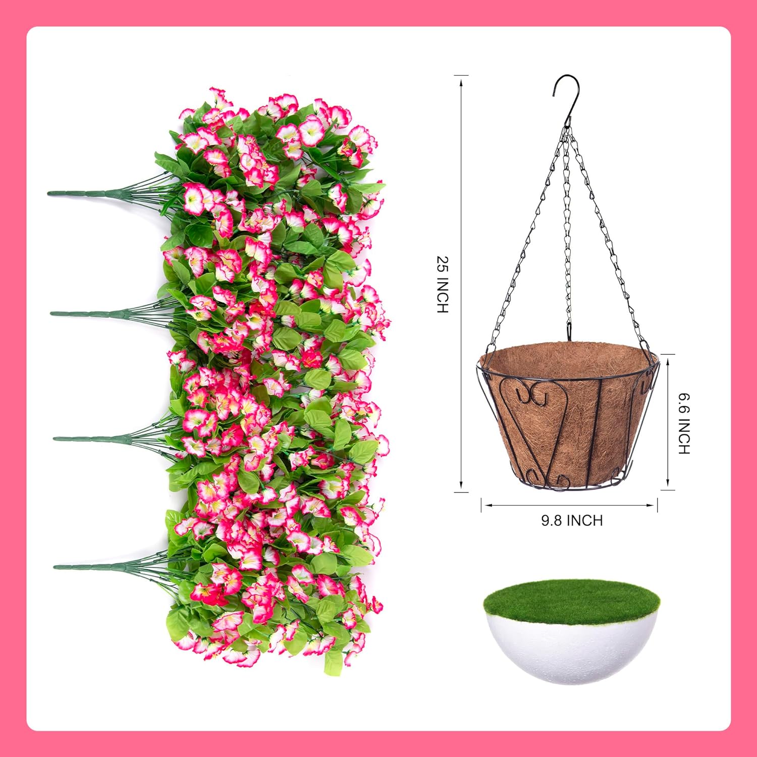 Artificial Faux Hanging Flowers Basket for Spring Outdoor Porch Decoration, Fake Silk Colorful Morning Glory Eucalyptus in Planter UV Resistant Look Real for Home Balcony Yard(Red Purple)