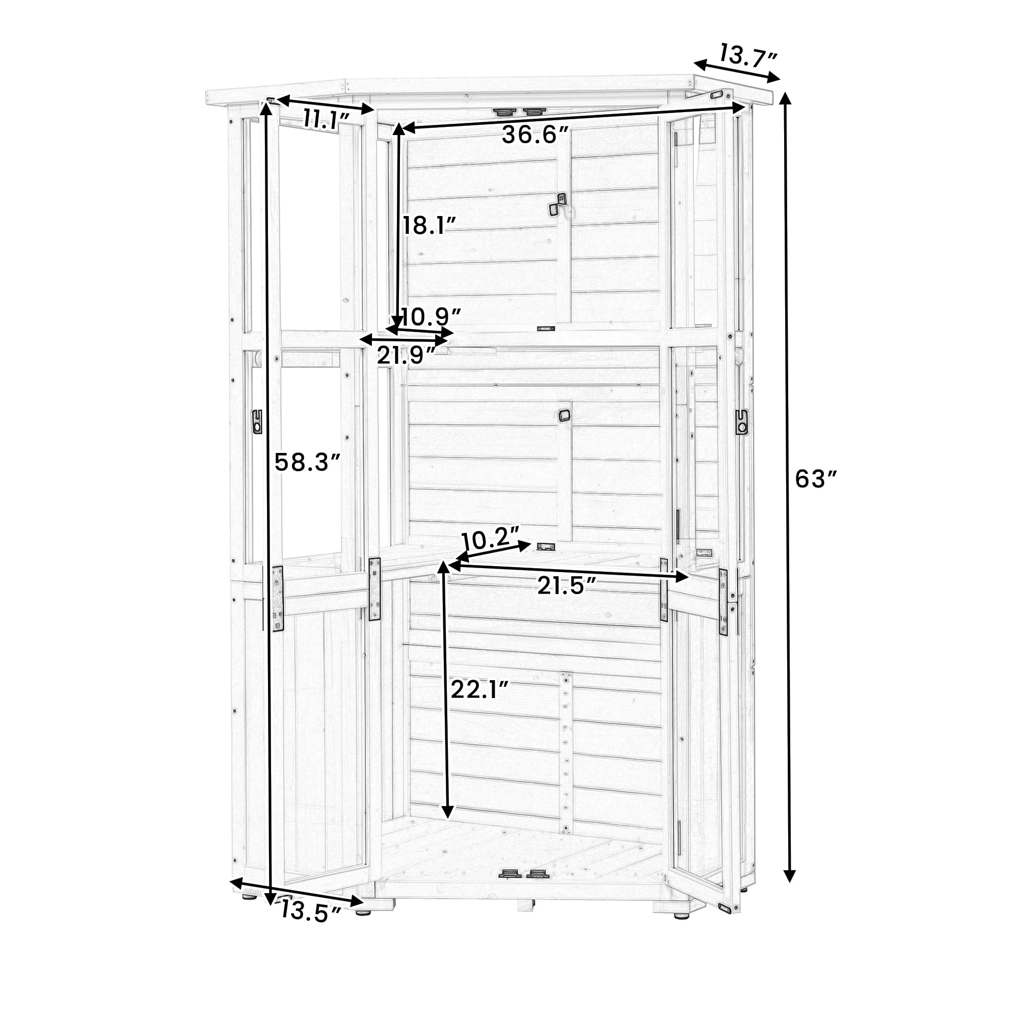 MAYEERTY 63'' Garden Wood Storage Cabinet – Outdoor Tool Shed & Mini Greenhouse with Lockable Door, Waterproof Roof, and Adjustable Shelves