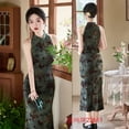 thumbnail image 4 of 2025 women's fashion high-end new Chinese style daily off-shoulder purple flocking halter neck cheongsam, 4 of 5