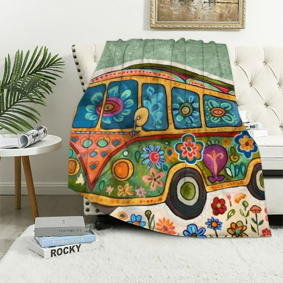 BCIIG  Hippie Bus 70s Flannel Throw Blanket Retro Van Yellow Cartoon Camper Warm Lightweight Cozy Blanket for Bedroom Living Rooms Sofa Couch  White