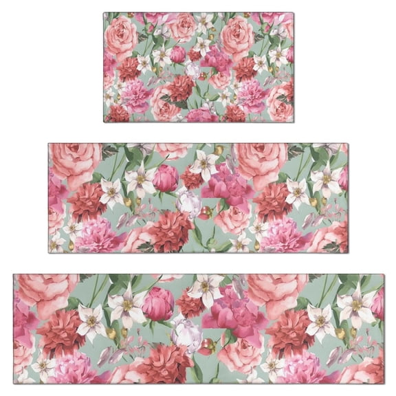 Pioneer Flower Floral Print Pattern Kitchen Rugs Sets Of 3,Kitchen Runner Rugs Non Skid Washable,Decorative Kitchen Floor Mats for Kitchen,Sink,Laundry,17"x30" 17"x47" 17"x59"