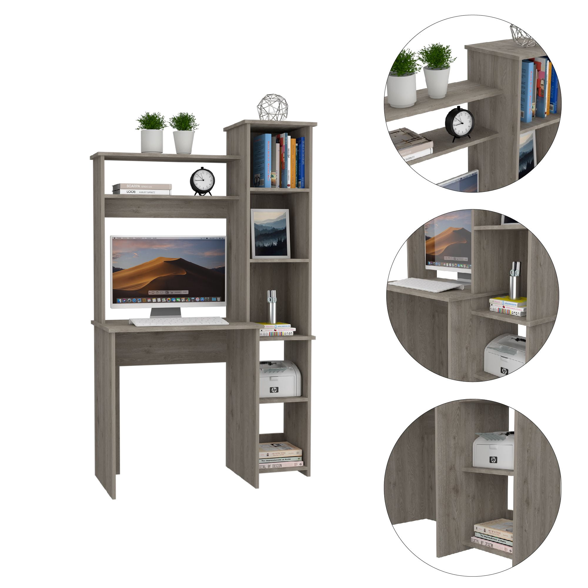 Asteroutdoor Versalles Writing Desk with Shelves and Cubbies, Light Gray