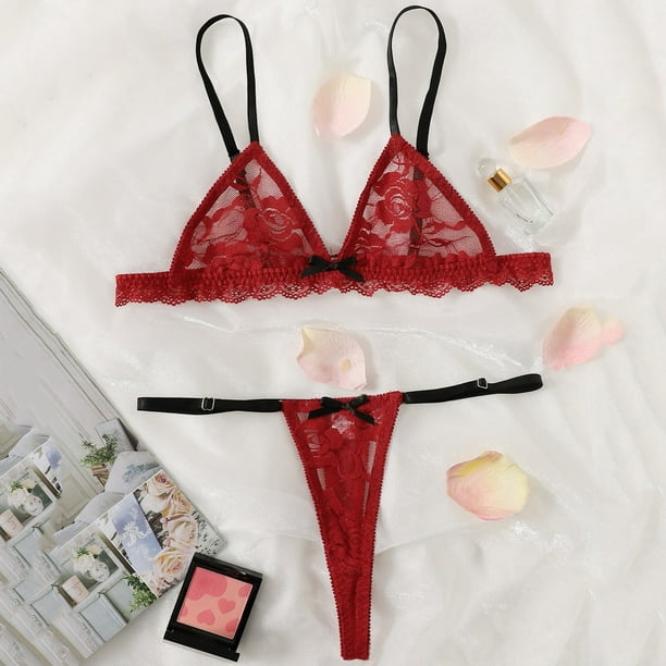 nsendm Female Underwear Adult Women Sexy Lingerie Set Two Piece Women's  Lace Color Contrast Suspender Sexy Underwear Two Piece Womens Sleep  Wear(Red