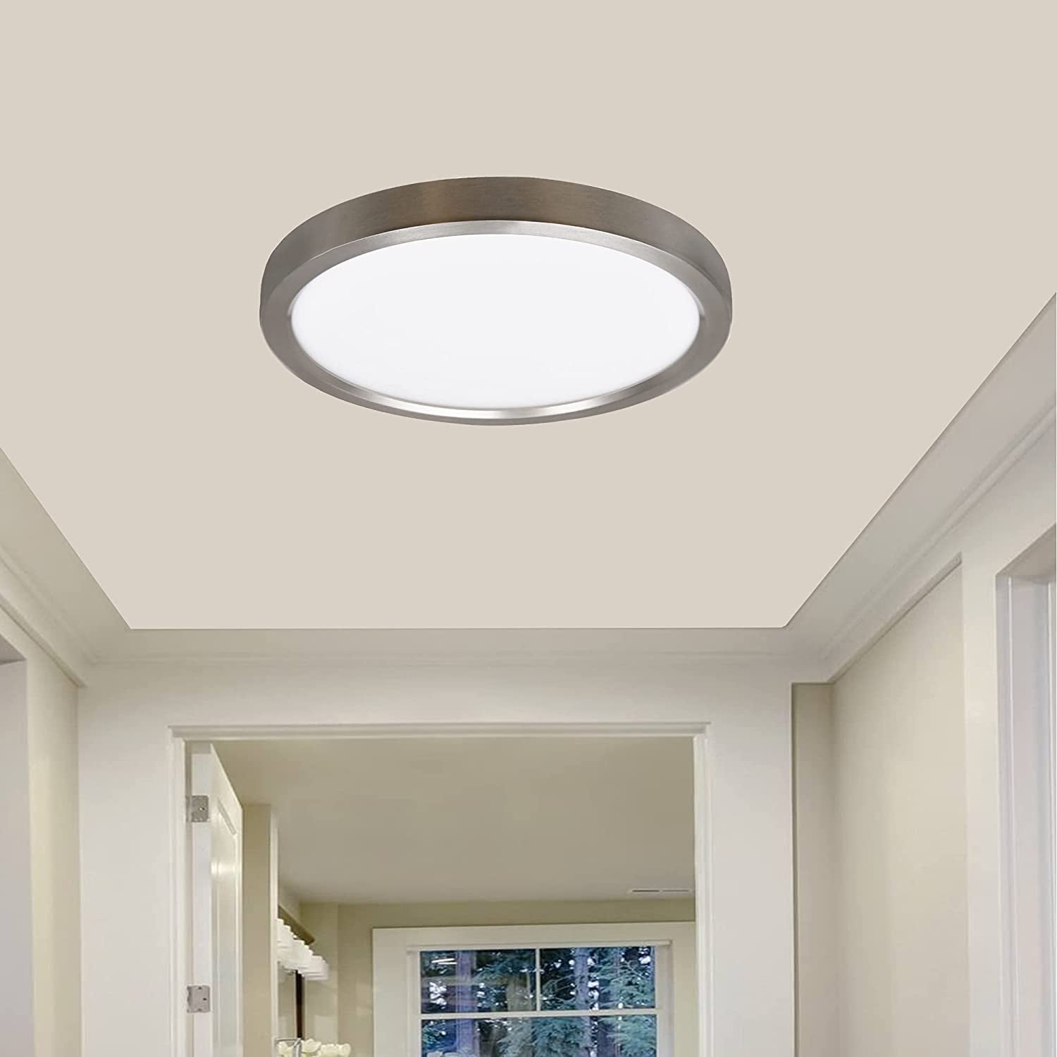 MingBright LED Flush Mount Ceiling Light Fixture, Dia: 13'', 3000K Warm White Brushed Nickel Aluminum Ceiling Light Fixture, Dimmable Ceiling Light for Kitchen, Bathroom, Bedroom