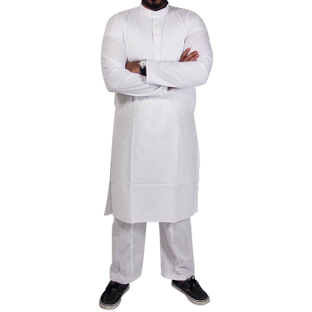 Plain White Long Sleeve Kurta Pajama with Matching Relaxed Fit Bottoms