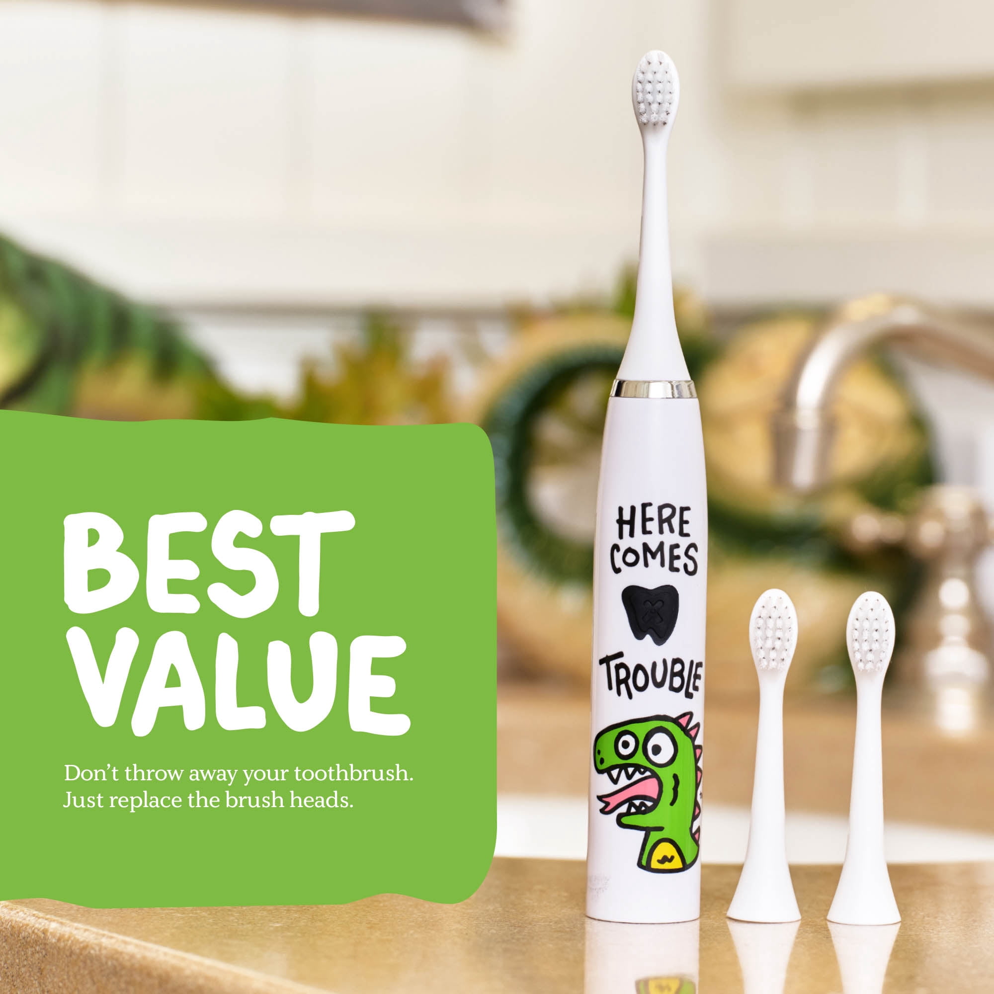 Made By Dentists Kids' Dinosaur Rechargeable Electric Toothbrush with 2 Replacement Toothbrush Heads