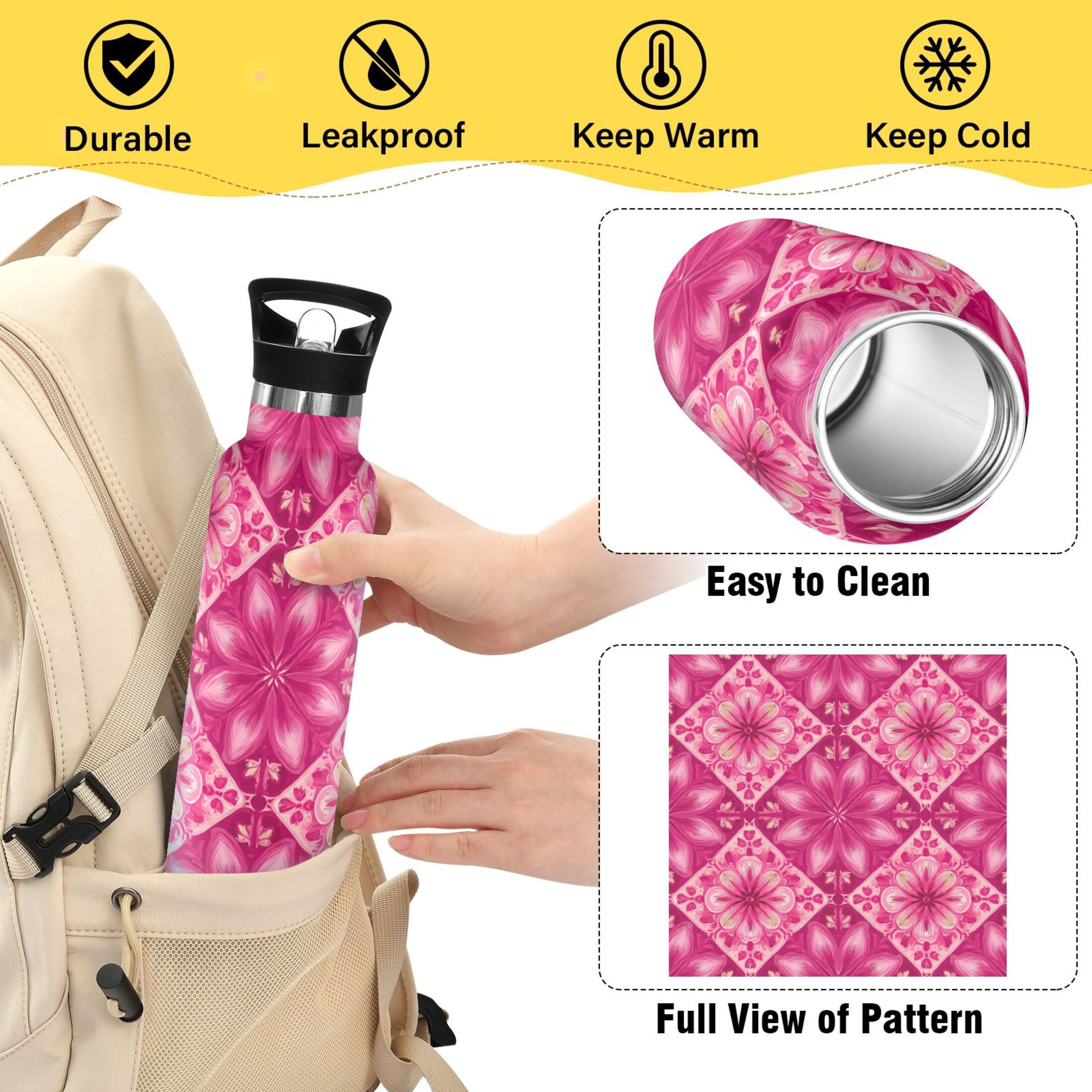 600ML Stainless Steel Insulated Cup Sports Water Bottle Portable Thermos Cup Water Glasses Insulated Tumblers Convenient and Durable Beautiful Pink Pattern