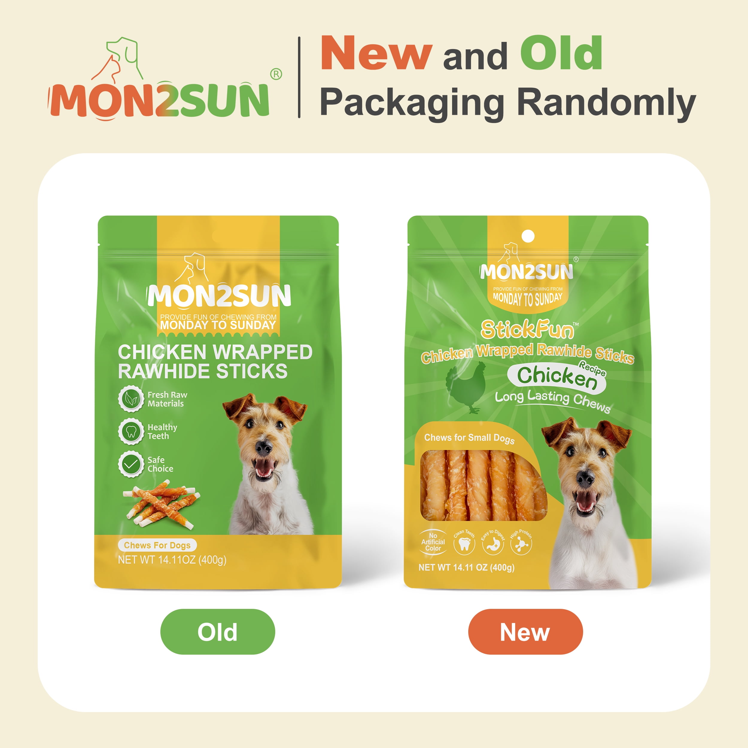 MON2SUN Dog Treats, 5 inch Rawhide Twist Chicken Hide Sticks, Suitable for Puppy and Small Dogs, 14 oz