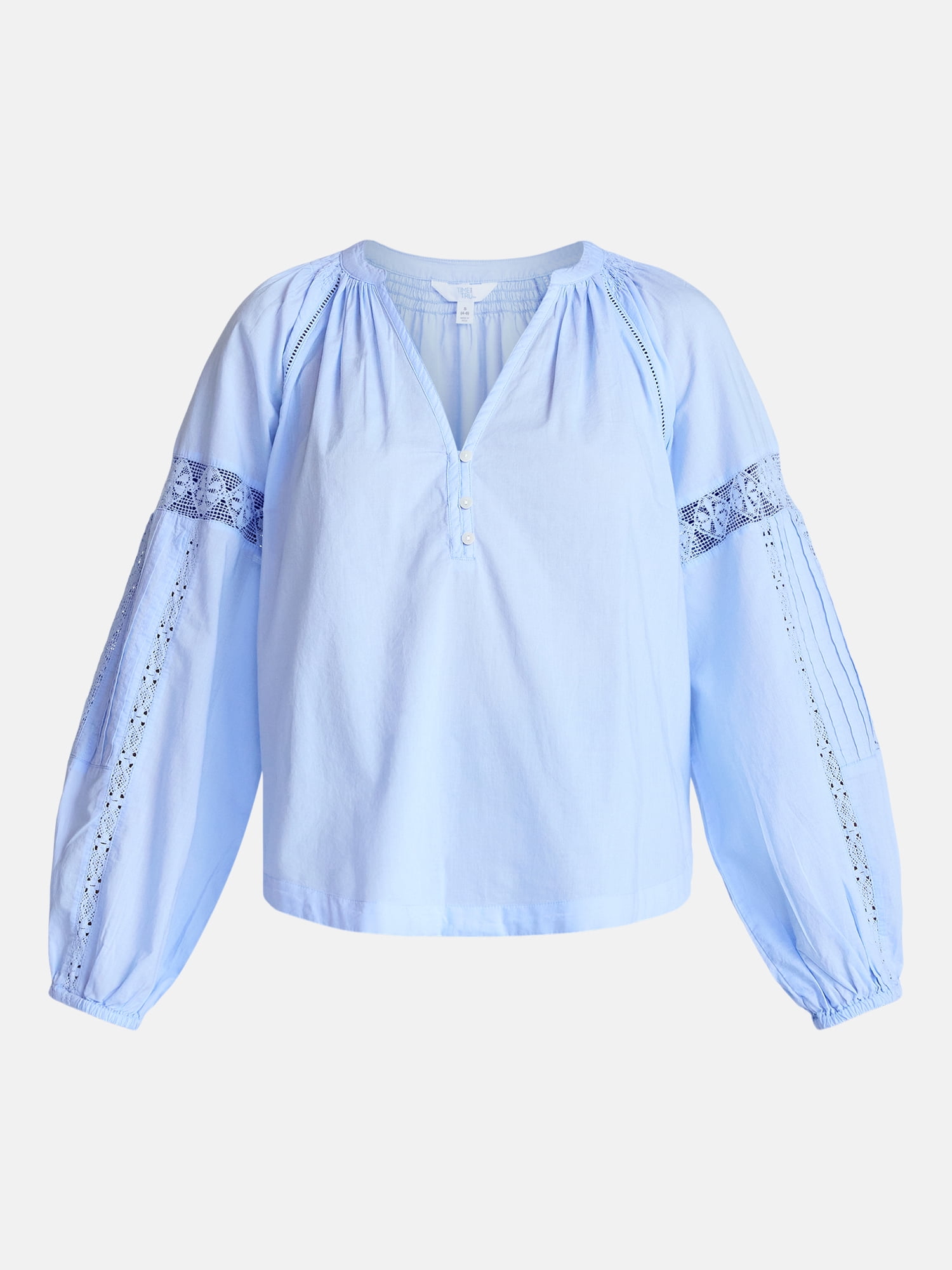 Time and Tru Women's Lace Insert Popover Full Sleeve Top, Sizes XS - XXXL