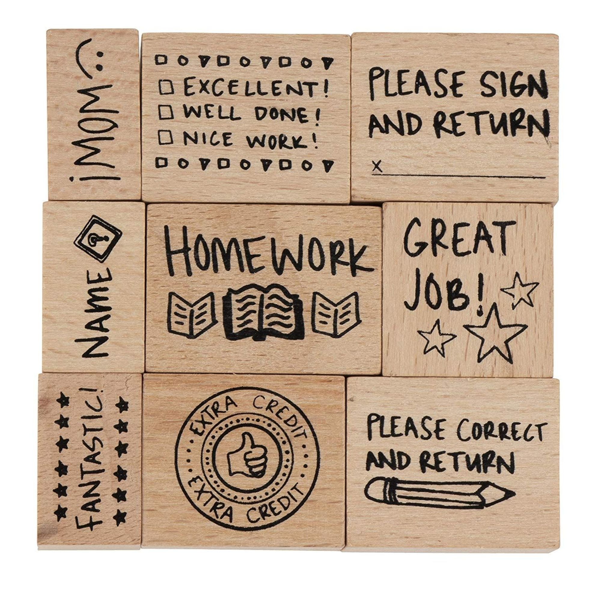 Stamp Set for Teachers - 9-Piece Wood Mounted Rubber Stamps, Paper Grading Stamps for Teacher&amp;#39;s Notes, Encouragement, Classroom Supply, School Supply