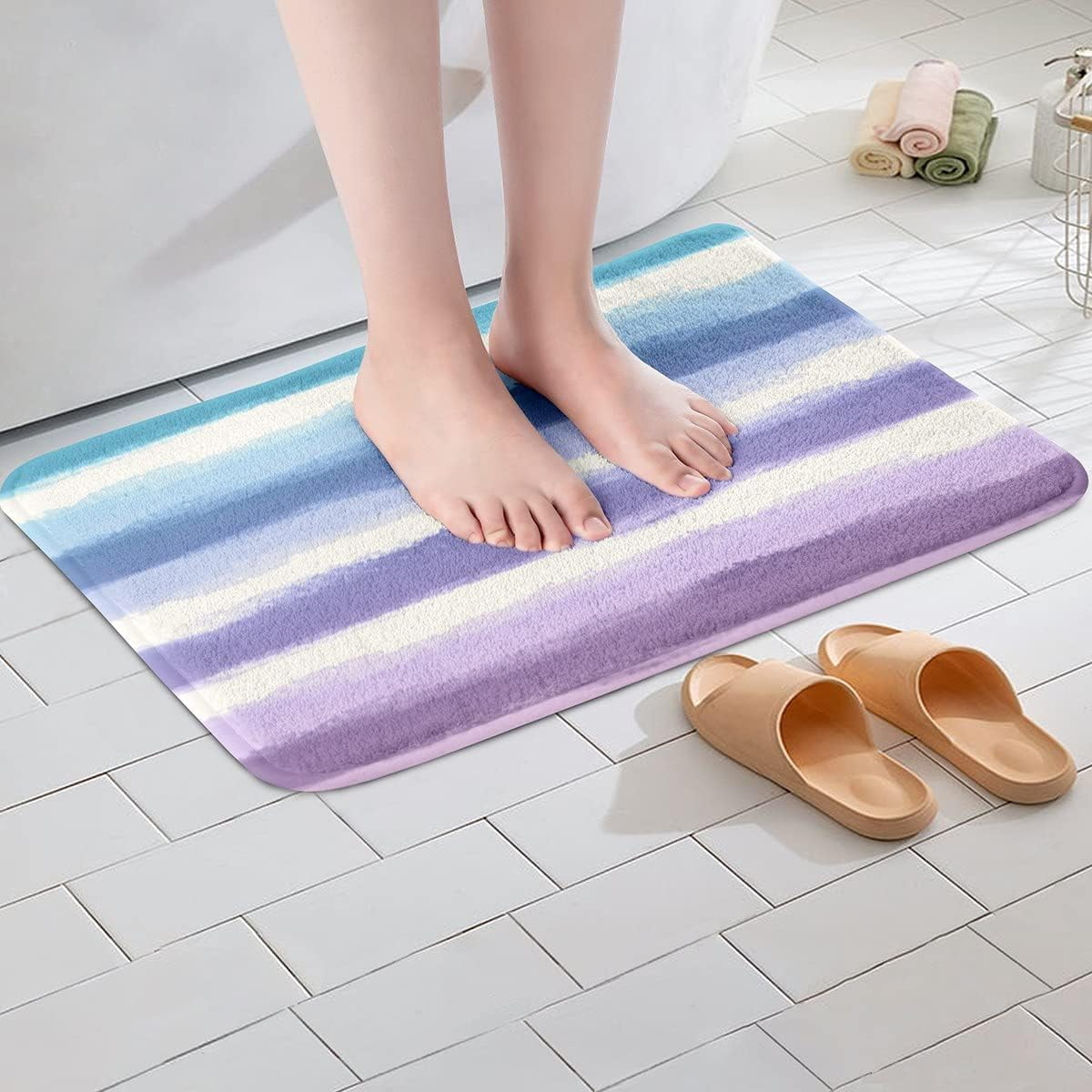 Dreamy Stripe Shaggy Absorbent Floor Mat Girly Stripe Style Non Slip Bath Mat for Purple Blue Streak Geometric Microfiber Bathroom Rugs Soft Room Decor Multicolor Gingham 16"x24"