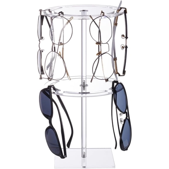 Sunglasses Holder Stand 2 Tier 360°Rotating Acrylic Sunglasses Display Rack 12.2 Inch Height Sunglasses Organizer Storage for Tabletop Desk Dresser Bedroom Bathroom Clear