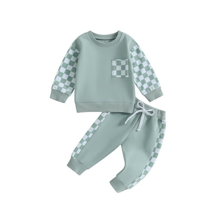 

Qtinghua Toddler Baby Boys Fall Winter Outfits Checkerboard Long Sleeve Sweatshirt and Elastic Waist Long Pants 2Pcs Clothes Green 6-12 Months