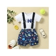 thumbnail image 3 of 2 Pieces Baby Boy Summer Outfits Set Letter Print Round Neck Short Sleeve Romper Casual Suspender Shorts, 3 of 9