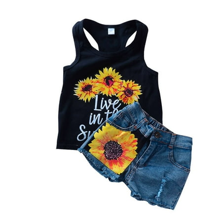 

Infant Toddler Baby Outfits Christmas Halloween Sunflower Summer Girls Printed Vest Denim Shorts Suit Tops Floral Suspenders Shorts Headbands Clothing Sets Size 4-5 Years