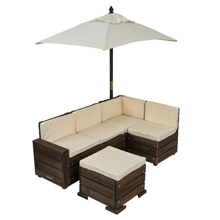 KidKraft Wooden Outdoor Sectional Ottoman & Umbrella Set with Cushions, Kids’ Patio Furniture
